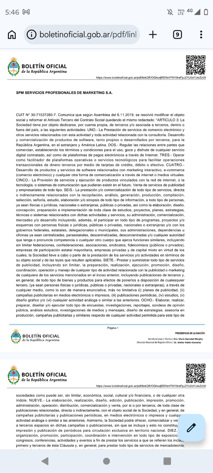 Extracto del Boletín Oficial de SPM Servicios Profesionales de Marketing S.A.